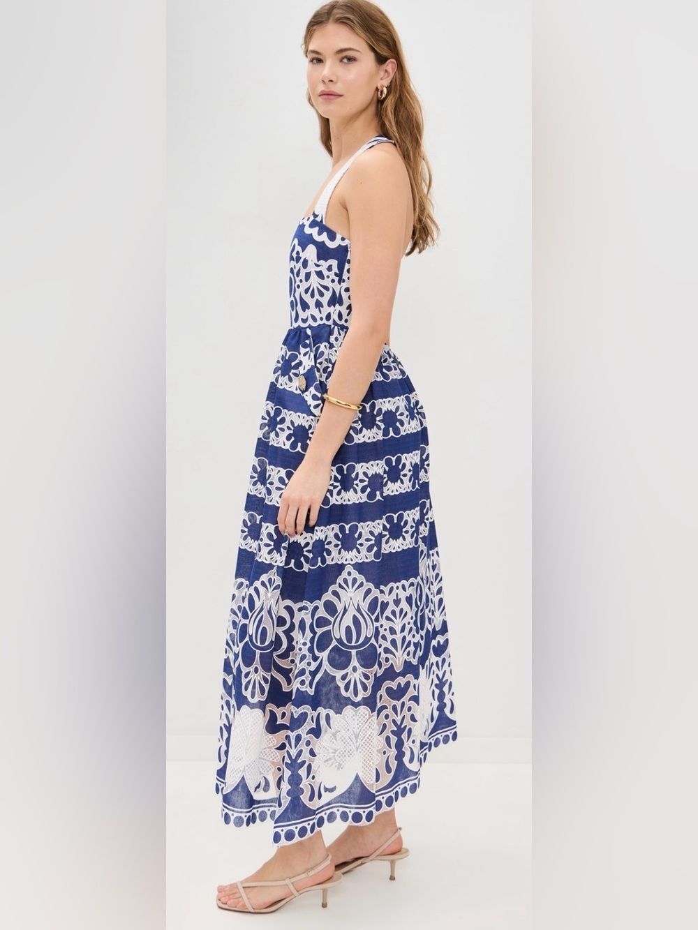 Borgo de Nor Mavaro Dress Blue & White Lace Embroidered Halter Midi Sz: 10